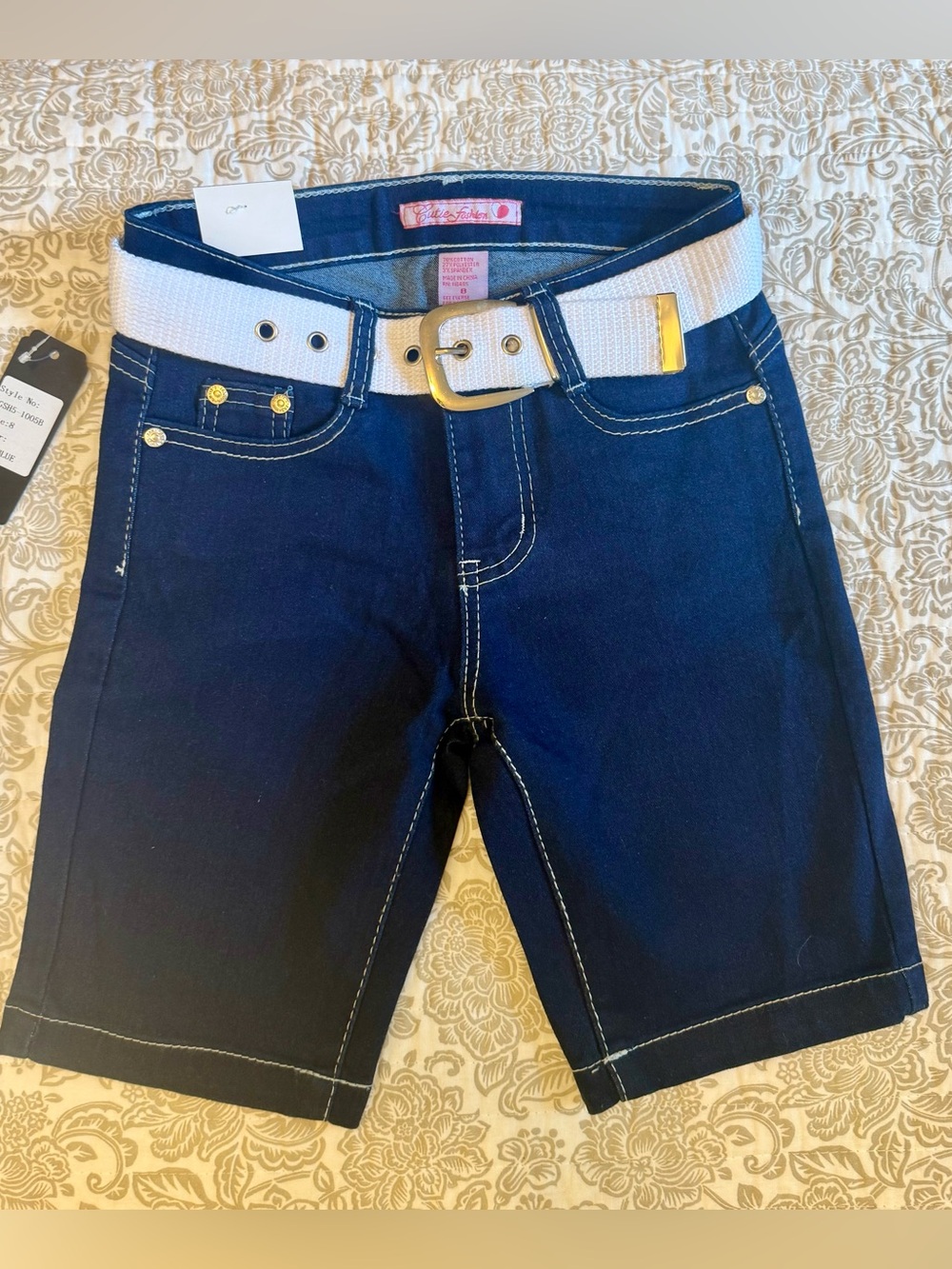 Cutie’s Fashion Denim Shorts with Belt, Girls Size 8, Sparkly Back Pockets, NWT